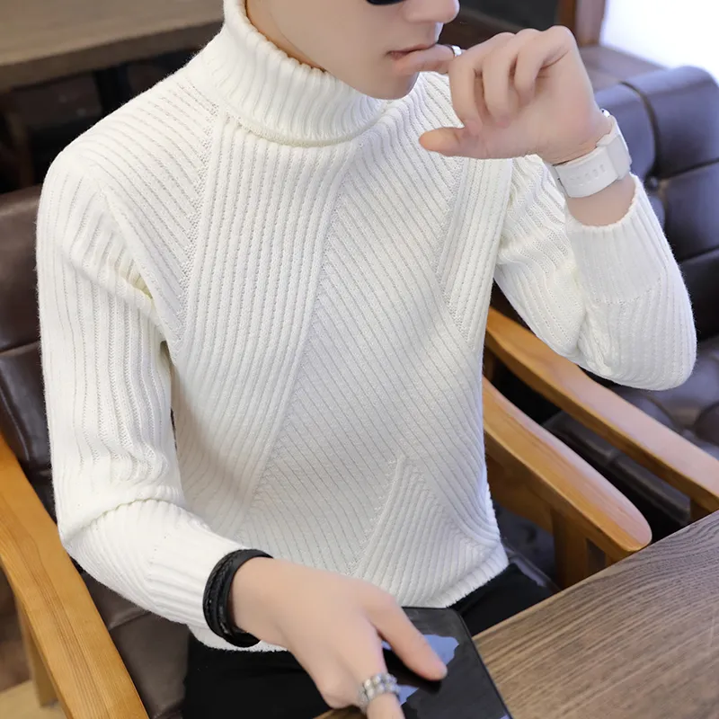 Paski Turtleneck Męskie Swetry Wełna Sweter Sweter Mężczyzna Oversized Żółw Neck Mężczyźni Sweter Pull Jumper Koreański Styl White