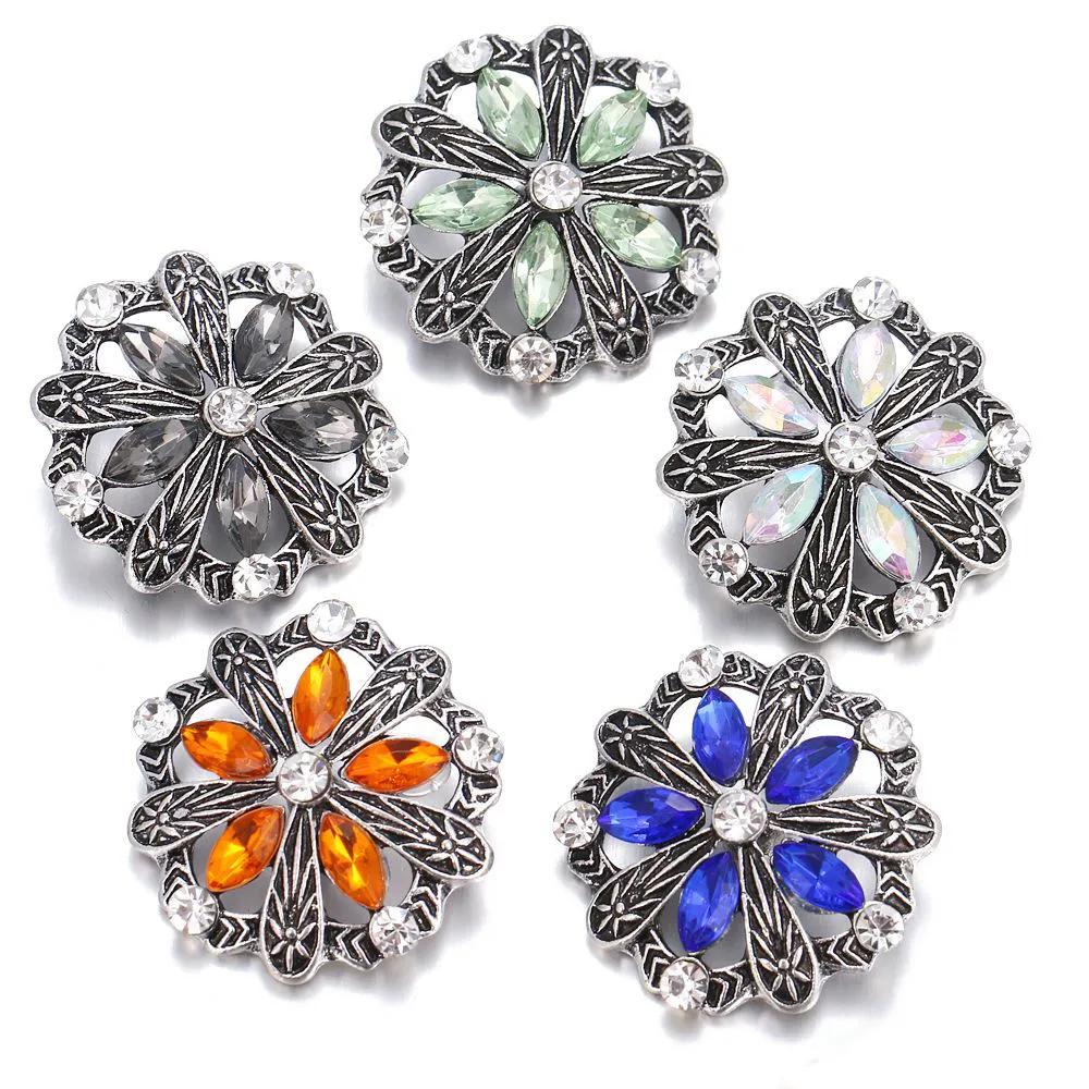 NOOSA Rhinestone Jeweled Retro Silver Hollow Flower Snap Button Jewelry for 18mm Snap Button Bracelet Necklace Rings Jewelry