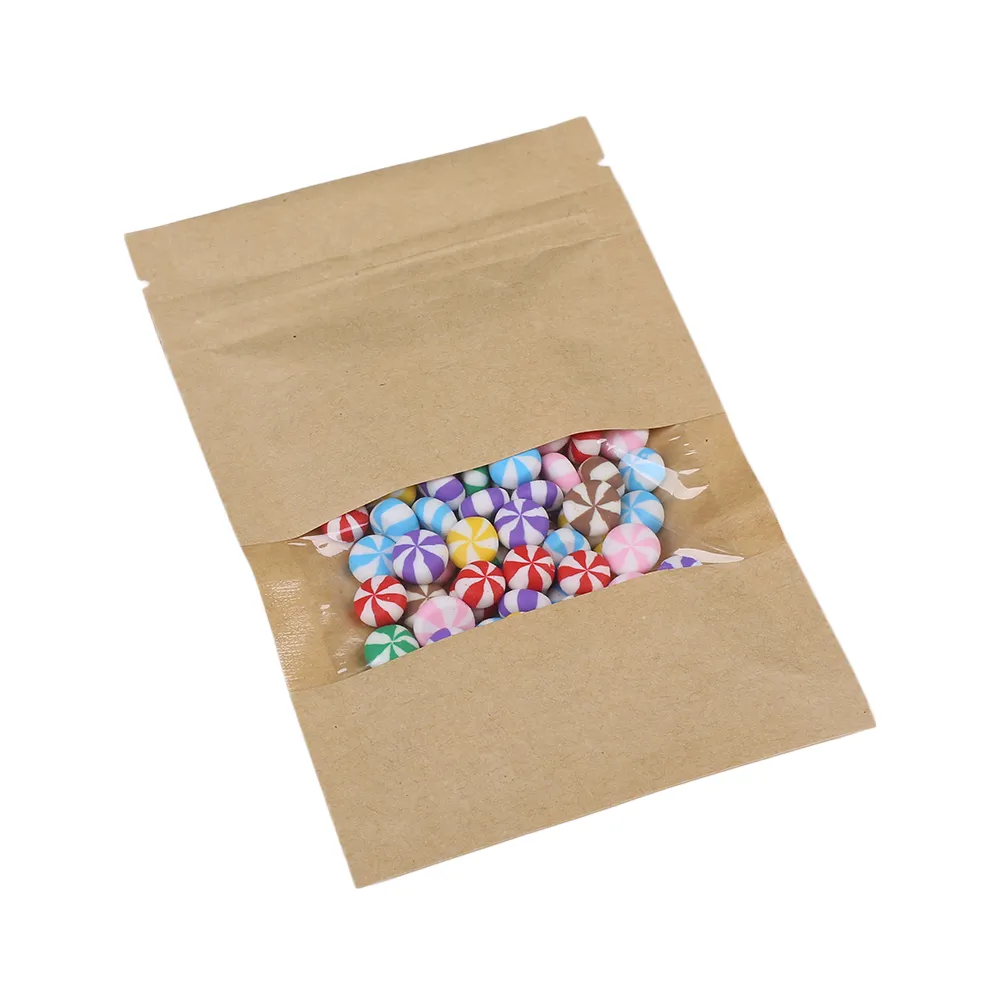 9x14cm (3.5x5.5 in) 100pcs Clear Window Tear Notch Reclosable Package Bags Brown Flat Kraft Paper Bag