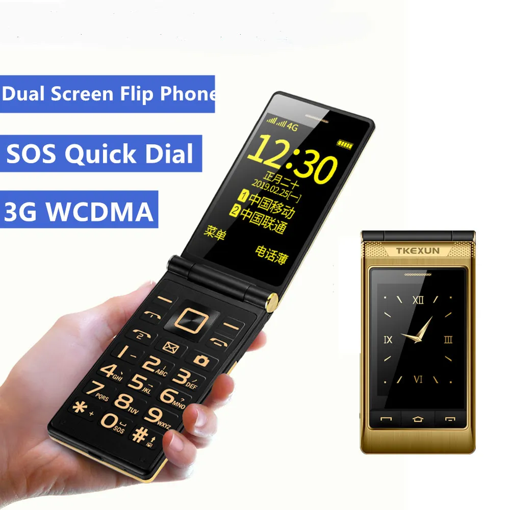 Luksusowy klapki 3G WCDMA Telefony komórkowe TKEXUN Duże klawiatura Dual Displ Celular 3.0 cal Ekran dotykowy SOS One Key Dial Stary telefon komórkowy
