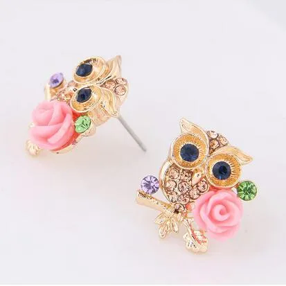 Gold Cute Owl Flower Coldings For Women Animal Colkings Arete Studs Boucle D39oreille Femme XD23231261208