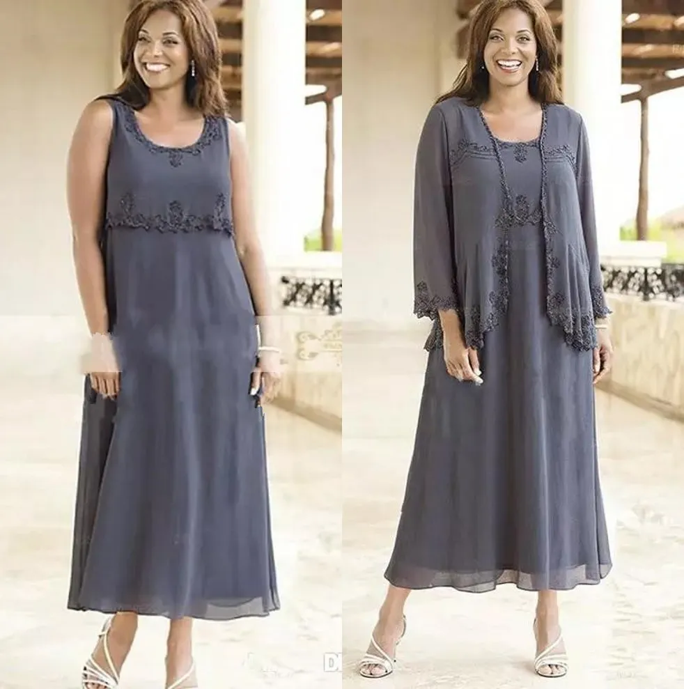 Plus size moeder van de bruid jurken grijze chiffon kant applique thee lengte een lijn moeder jurken met jas