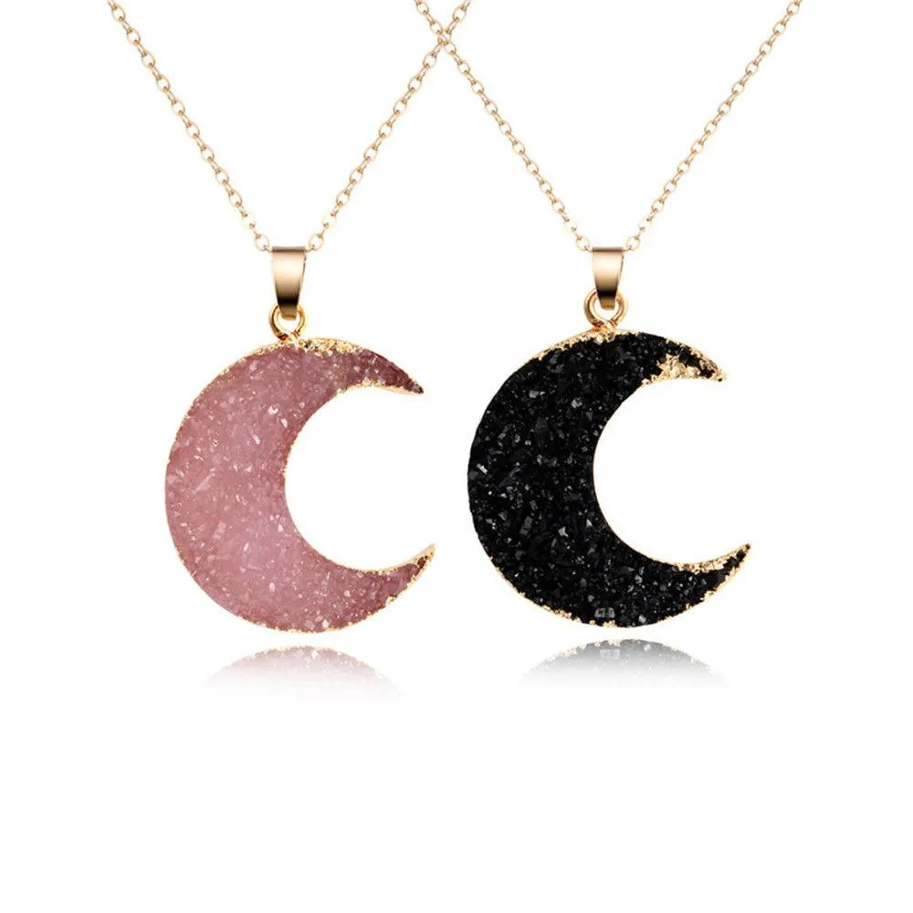 New Pink Black Moon Resin Stone Pendant Necklace Women Druzy Drusy Gold Color Chain Necklace for Female Link Chain