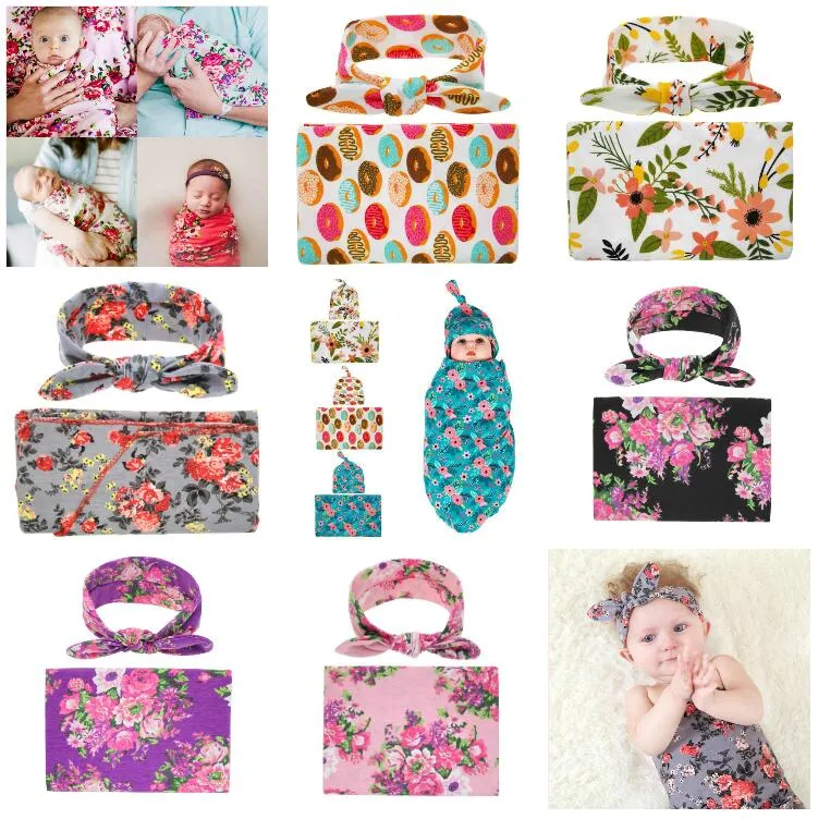 Nyfödd baby swaddling filtar kanin öra huvudband set swaddle foto wrap tyg blommig peony mönster baby fotografering 13 stilar