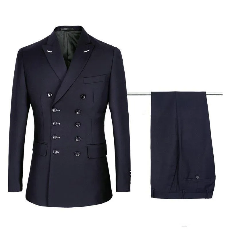 New Real 사진 더블 브레스트 네이비 블루 웨딩 신랑 턱시도 피크 옷깃 신랑 맨 Mens Dinner Blazer Suits (Jacket + Pants + Tie) 440