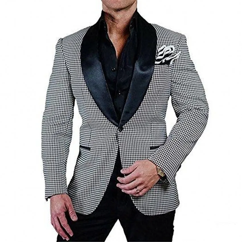 Mode Houndstooth Groom Tuxedos Black Shawl Lapel Groomsmen Bröllop Tuxedos Populära män Formell Blazer Prom Jacket Suit (Jacka + Byxor + Tie) 32