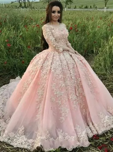 2019 현대 블러시 핑크 Quinceanera 공 가운 드레스 어깨 3/4 긴 소매 얇은 명주 그린 화이트 아플리케 꽃 파티 댄스 파티 이브닝 ​​가운