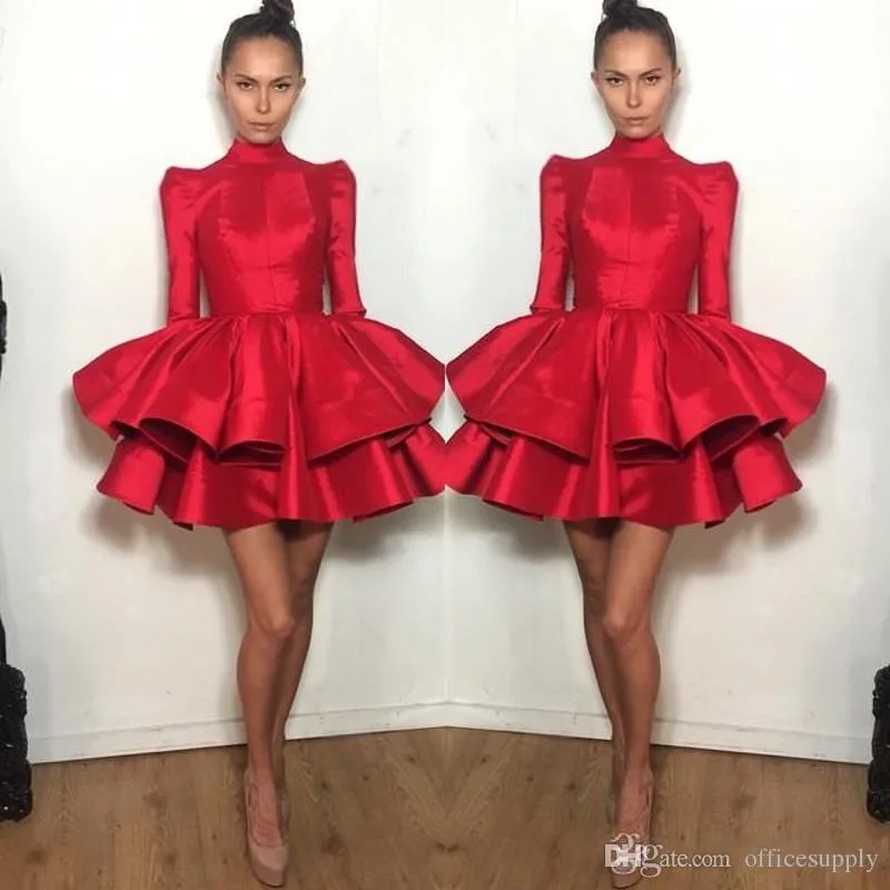 Red Short Homecoming Dresses Long Sleeve High Jewel Neck Tiered Ruffled Mini Short Prom Dress Cocktail Party Gowns graduation dress