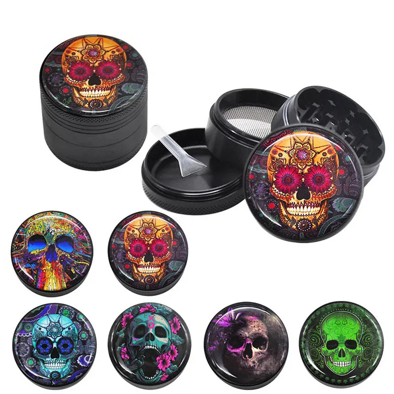 Sugar Skull Mönster Grinder Metal Aluminium Rökning Herb Svarare 50mm 4 -stycken CNC Tänder Tobak Herbal Crushers Spice Crusher