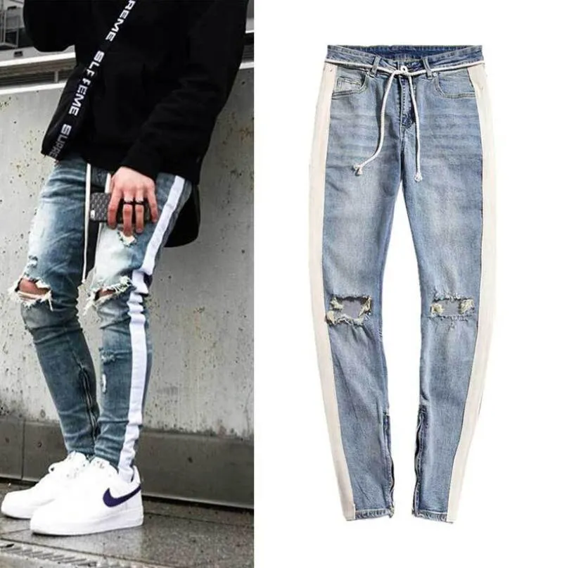 Slim Fit Yırtık Kot Erkekler Delik Yan Fermuar Denim Pantolon Moda Erkek Yıkanmış Tahrip Tasarımcı Kot