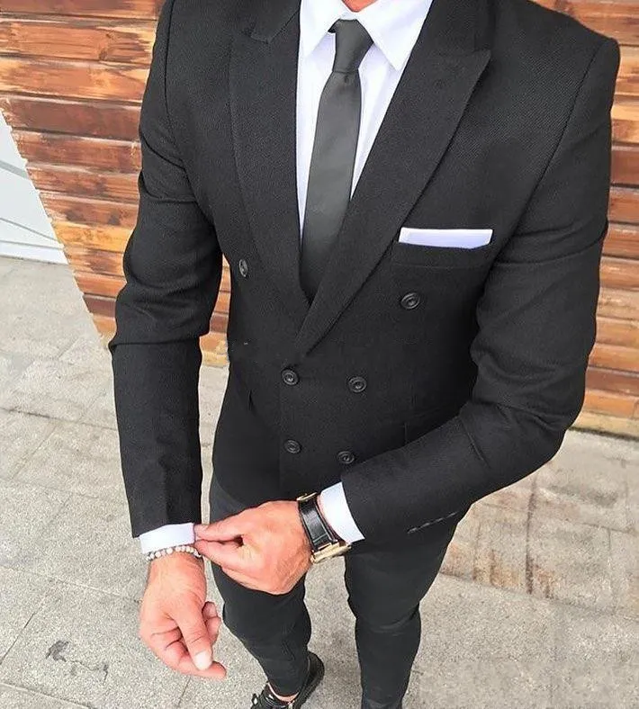 Novo Popular Double Breasted Preto Noivo Smoking Pico Lapela Slim Fit Padrinhos de Casamento Dos Homens Do Partido Ternos (Jacket + Pants + Tie) 043