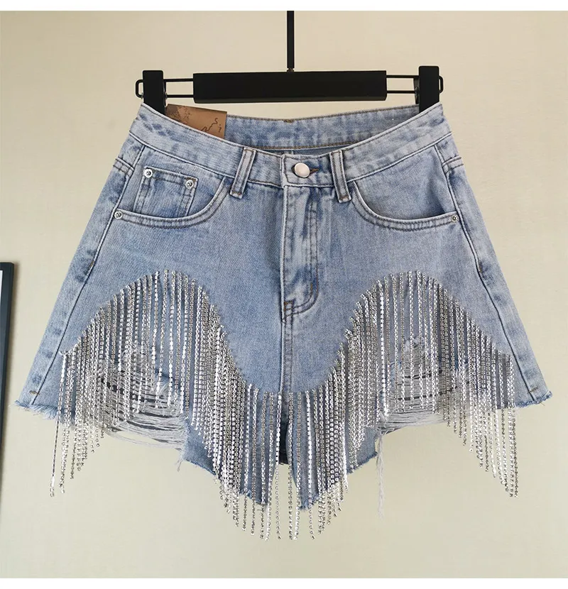 Women's Heavy Rhinestone Fringed Hole Jeans Shorts Female High Waist Summer Fashion Wide Leg Denim Shorts