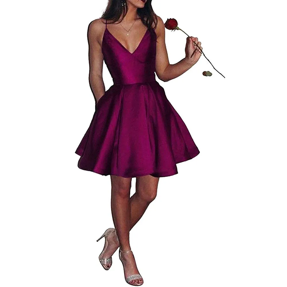 slim fit dress slacks A-Line Red Satin V-Neck Modest Beaded Homecoming Dress #MHL084