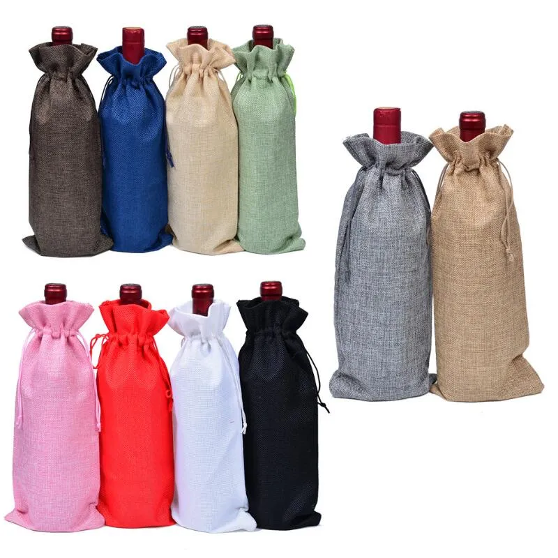 Jute Wine Bottle Covers Szampańskie Winne Opakowanie Torby prezentowe rustykalne Hessian świąteczne ślubne stół obiadowy 16x36cm LX8120