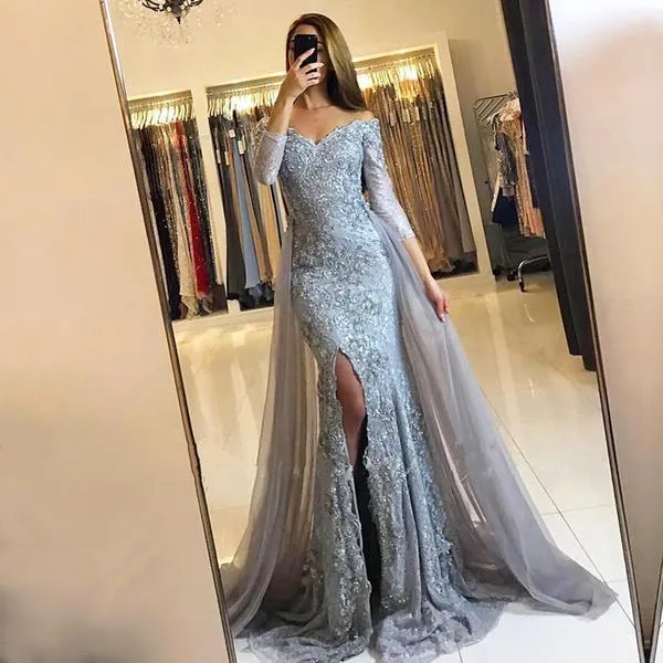 Elegant Off The Shoulder Lace Prom Dresses Long Sleeves High Split Floor length Evening Dresses With Tulle Over Skirts BA6240