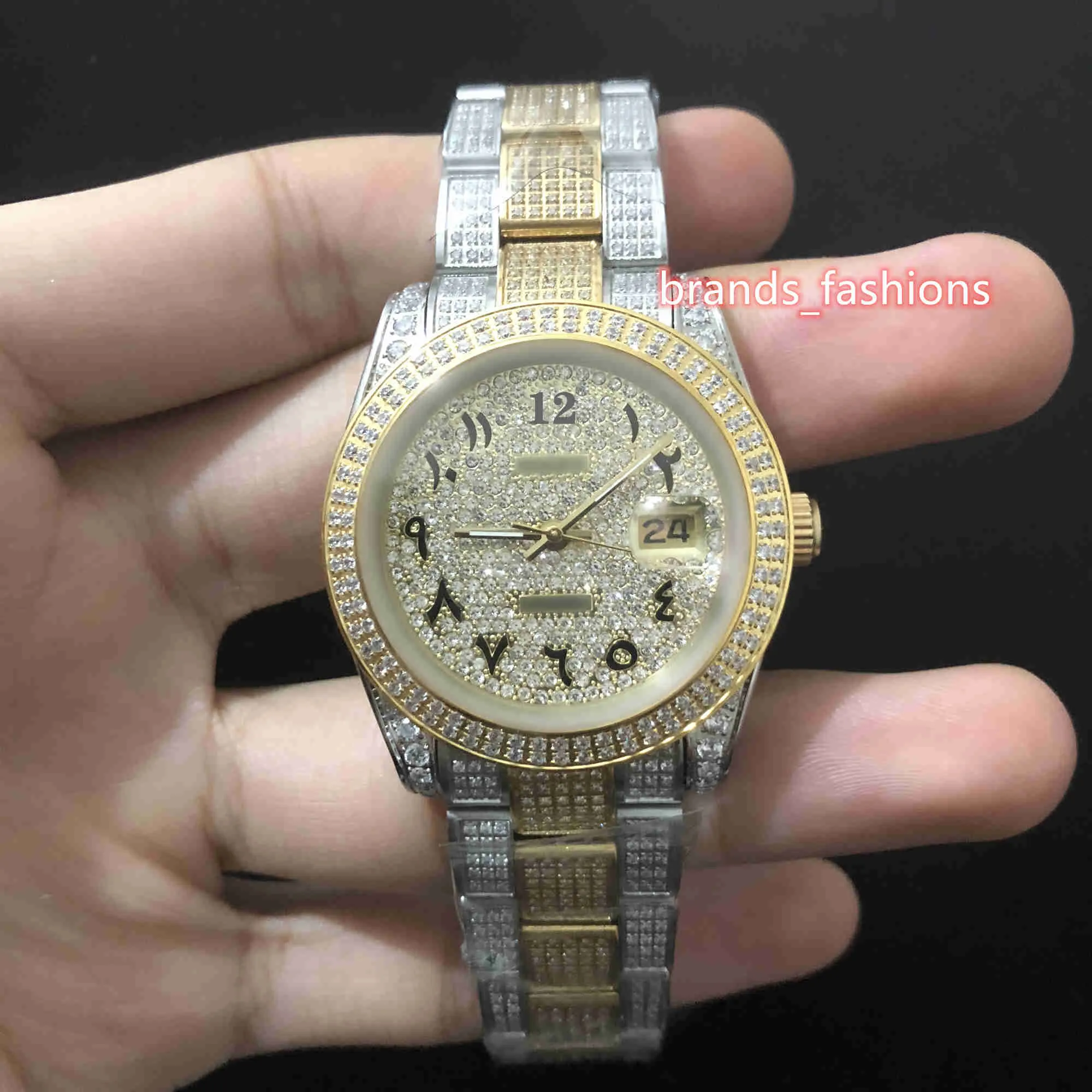Herr Ice Diamond Wristwatch Gold Diamond Face Watch Arabic Digital Scale Watch Rostfritt stål Strap Automatisk mekanisk WA182M