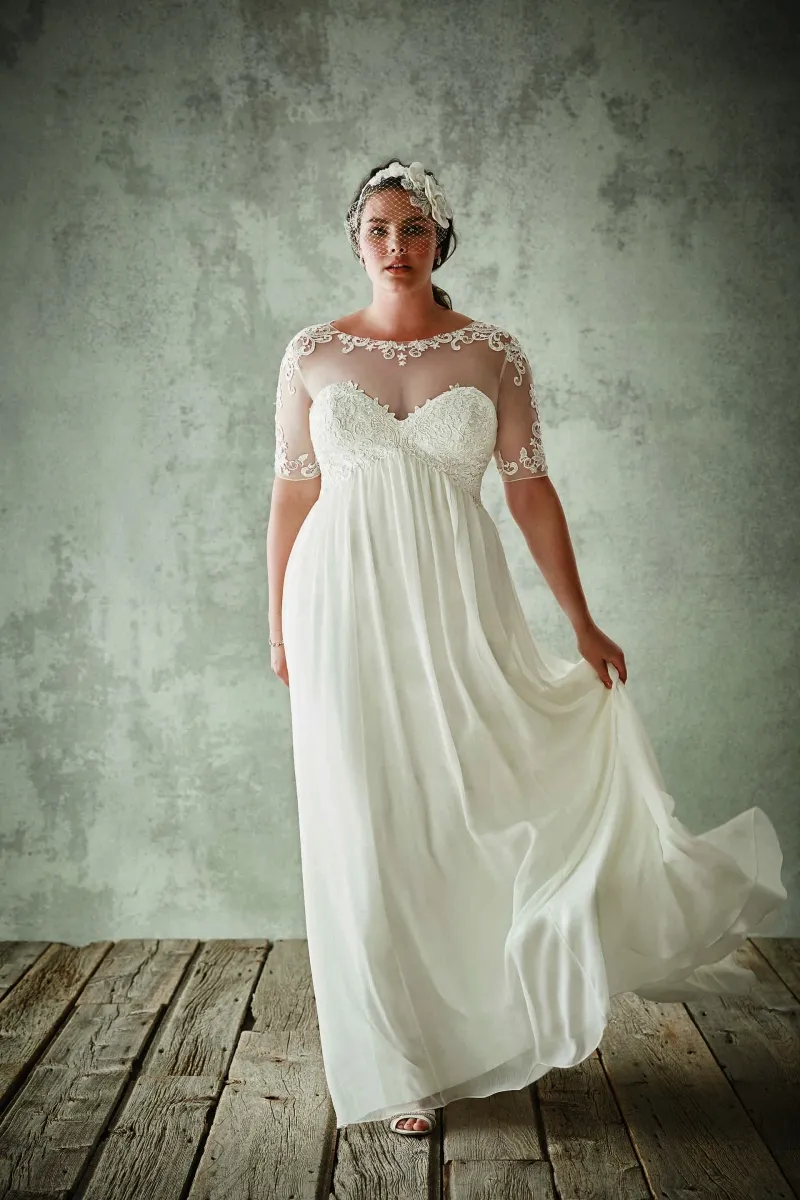 Plus Size Wedding Dresses With Half Sleeves Sheer Jewel Neck A Line Lace  Appliqued Bridal Gowns Chiffon Empire Waist Wedding Dress