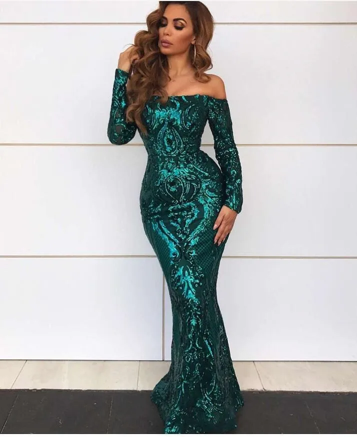 Dark Green Sexy Long Prom Dress Mermaid Lace Sequin Off the Shoulder Long Sleeve Elegant Formal Evening Party Wear Gowns New Arrival