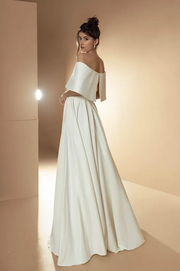 off the shoulder aline wedding dress Neckline A-line With Lace Appliques WD232 US4 / Custom Color bowknot waistband Elegant Off-Shoulder A-Line cold shoulder