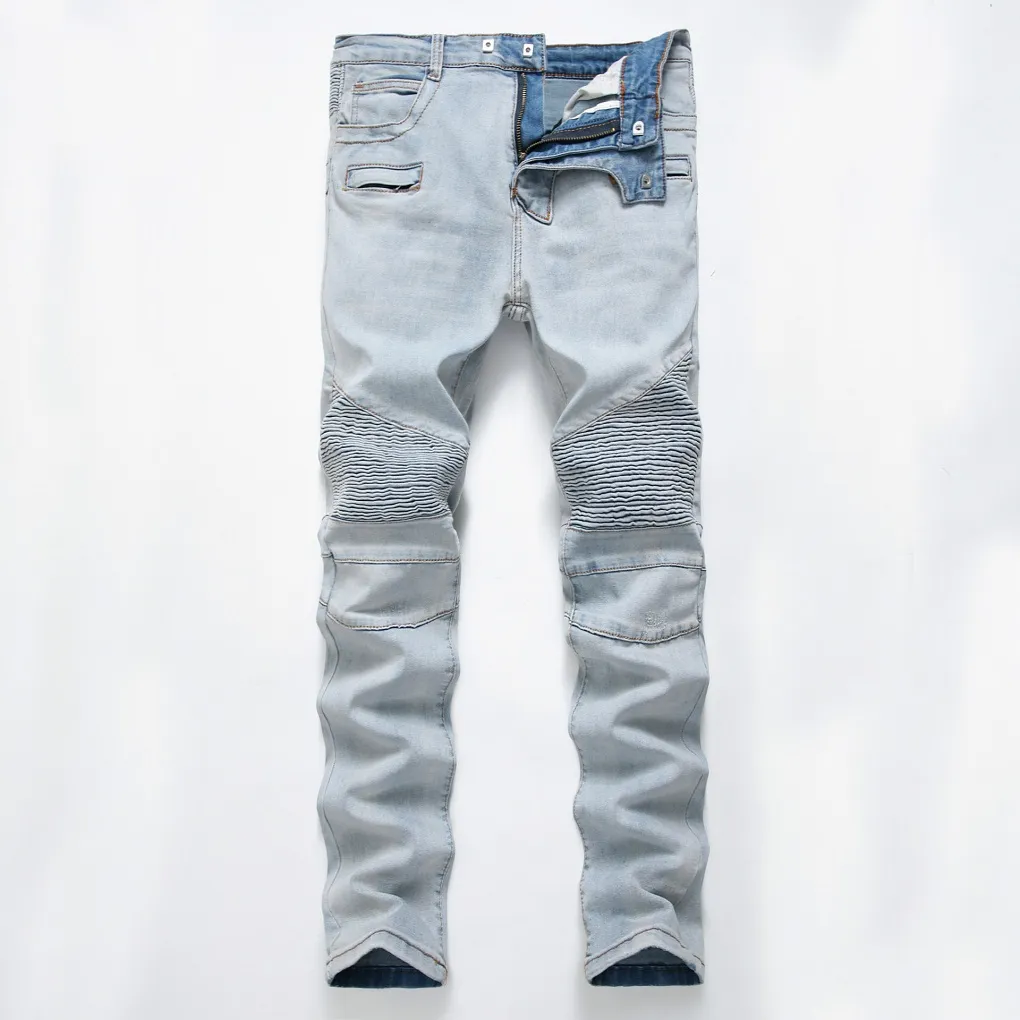 Designer de jean léger froissé pour hommes longs pantalons minces avec des trous à mi-hauteur droite taille 28-40 solide de haute qualité