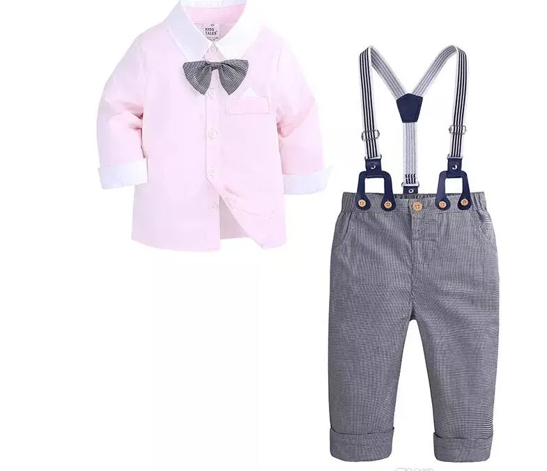 14380 Nouveau Printemps Automne Infantile Bébé Gentleman Garçons Ensemble Enfants Noeud Papillon Chemise + Jarretelles Pantalon Garçon 2pcs Ensemble Vêtements Costume Enfants Tenues