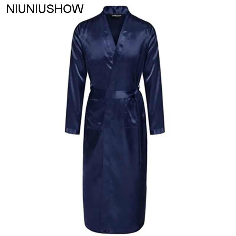 Navy Blue Chinese Men Silk Rayon Robe Sommar Casual Sleepwear V-Neck Kimono Yukata Badklänning Storlek S M L XL XXL
