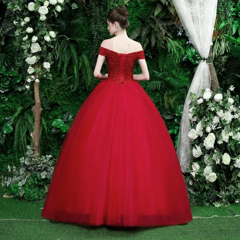 New Dark Red Ball Gown Gothic Wedding Dresses Off the Shoulder Floor Length Beading Top Corset Back Sparkly Non White Bridal Gowns With Red