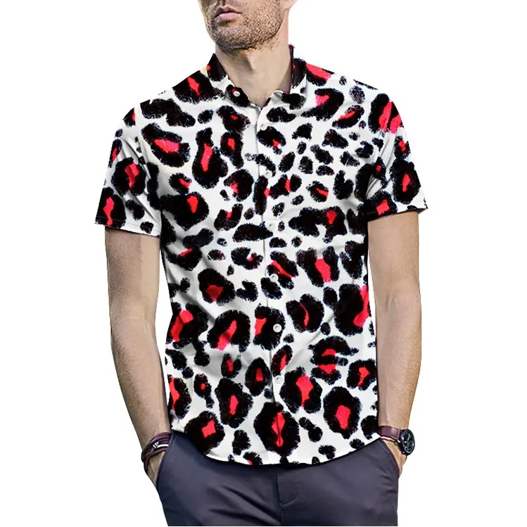 男性用のレッドヒョウ柄のシャツ夏ファッション半袖ティーシングル胸肉通りスリムフィットシャツm-2xl287u