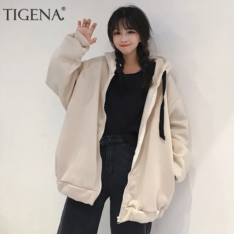 Tigena OversizeパーカーSweatshirt女性2019秋冬ジッパー韓国風かわいいベルベットの暖かいスウェットShirt女性の極源女性のKPOP