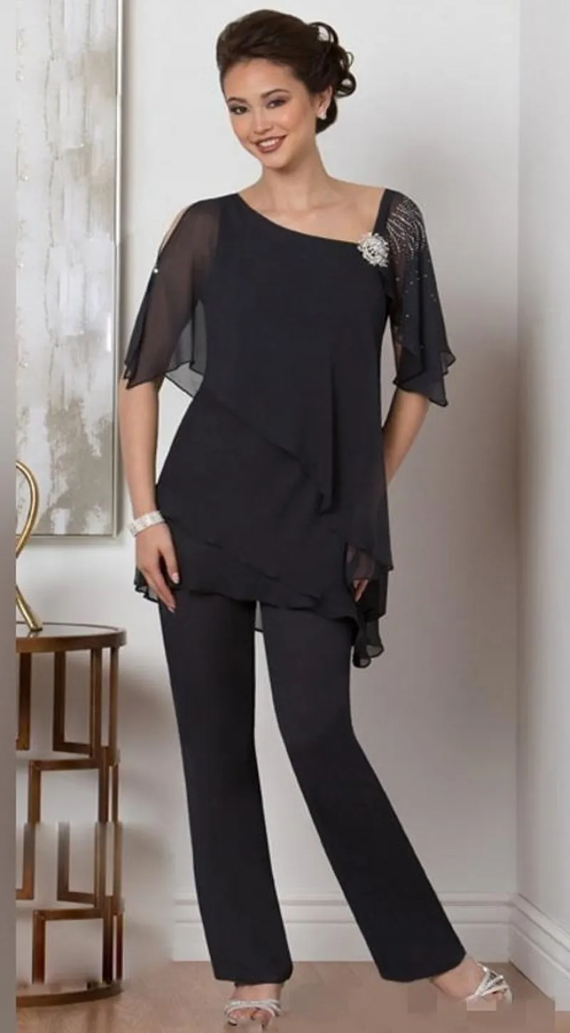 Black Two Piece Mother Of The Bride Pants Suit For Weddings Beads Chiffon Mother s Groom Pantsuits Long Sleeve Wedding Guest Dress
