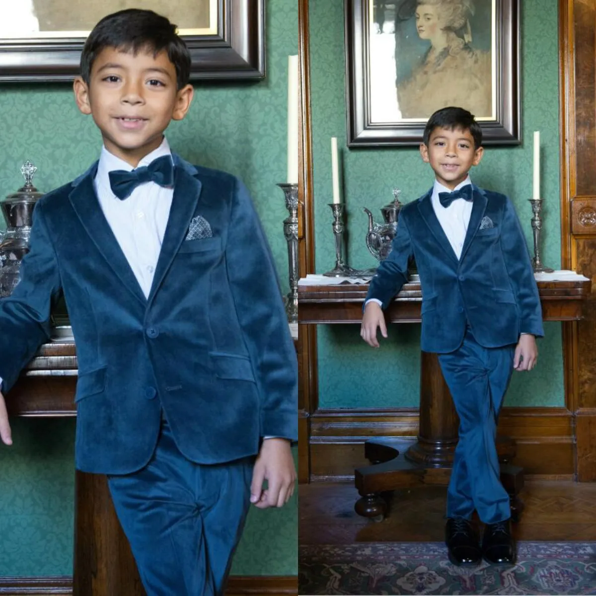 2019 Handsome Velvet Boys Abiti da cerimonia Giacca Pantaloni 2 pezzi Set Abiti per cena di nozze Bambini Smoking per bambini