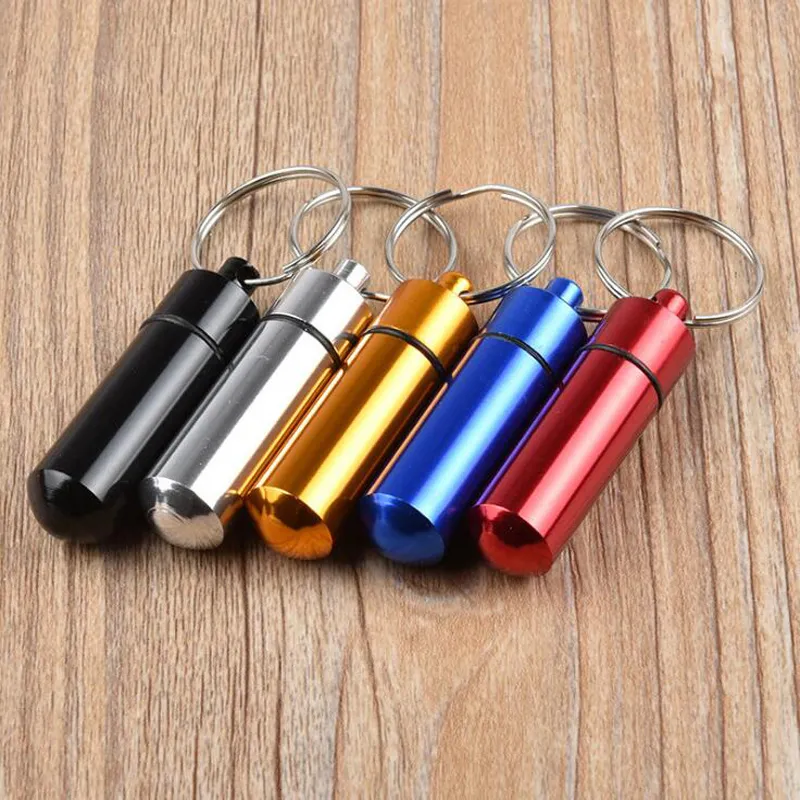Fast Ship 200pcs 14X48mm aluminum alloy Boxes Metal Waterproof Pill Box Case keyring Key Chain Ring Medicine Storage Organizer Bottle Holder Container