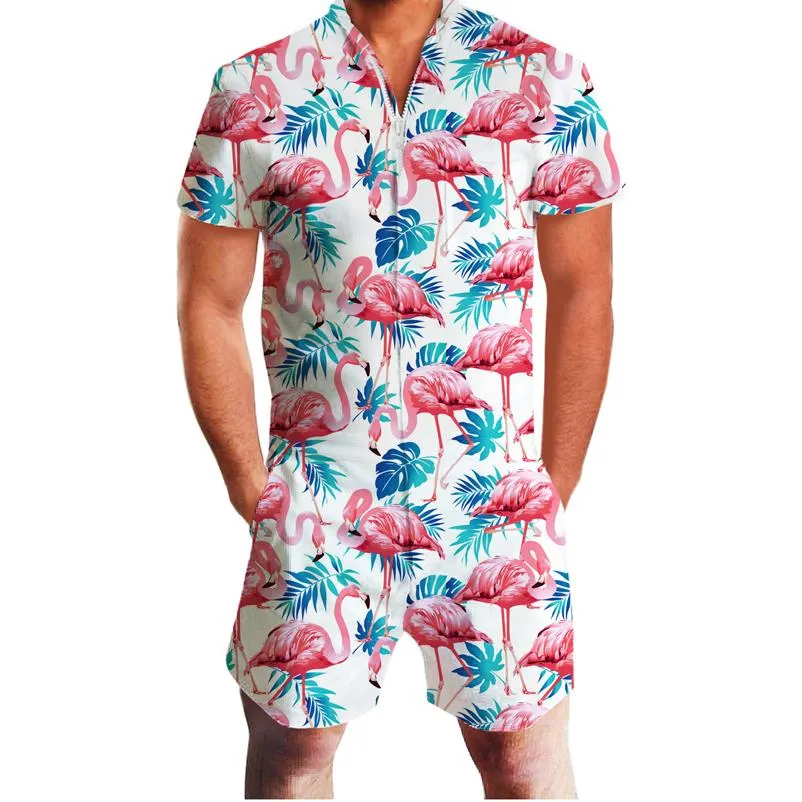 Suporte dropshiping flamingos impressão macacão masculino manga curta 3d macacão playsuit harem carga macacão de verão conjuntos masculinos