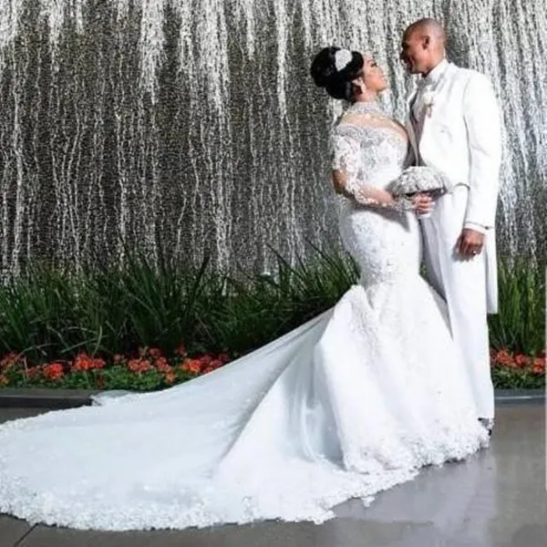 Plus size africano sereia vestidos de casamento nigeriano árabe alta pescoço manga longa rendas miçangas tribunal trem luxo vestidos de noiva 244p