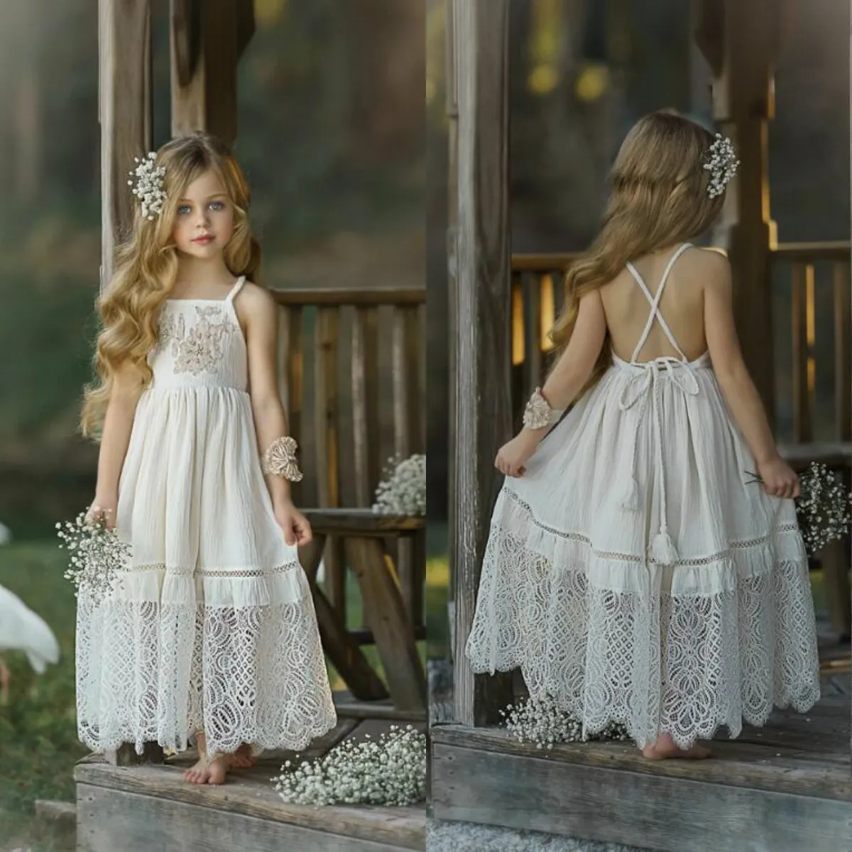 New Bohemian Flowers Girls Dresses For Wedding Spaghetti Backless Lace Appliques Flower Kids Pageant Gowns Beach Birthday Party Dress