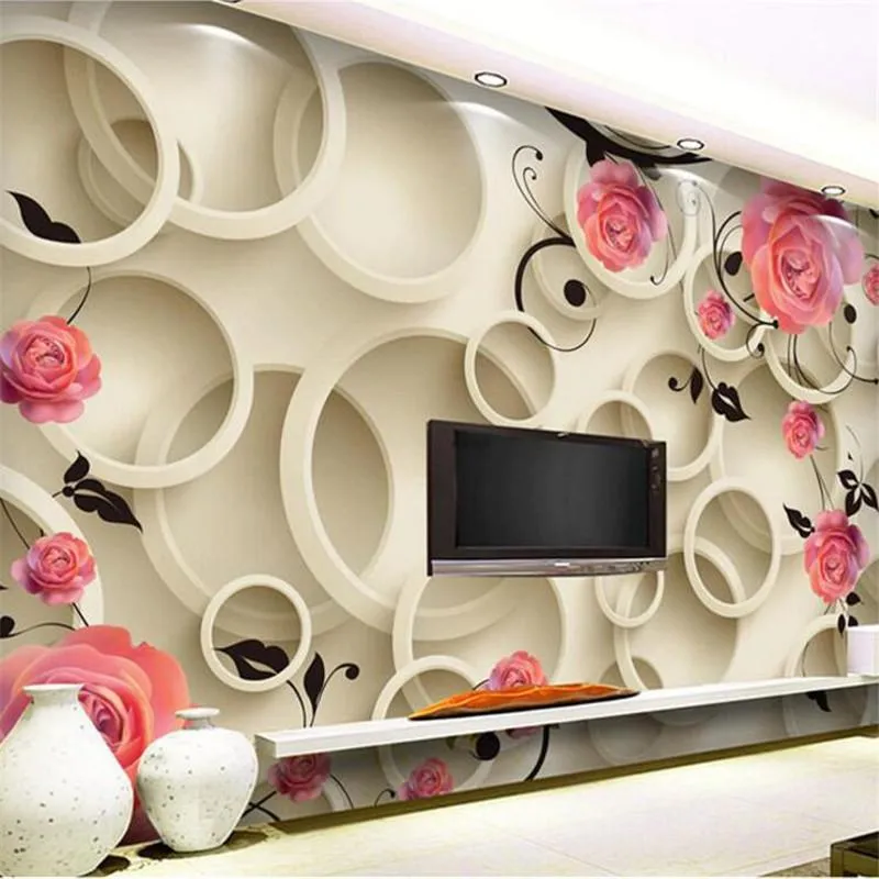 Gros-3D photo papier peint 3d Rose cercle fantaisie floral salon canapé chambre toile de fond 3D grand mur papier peint peinture moderne