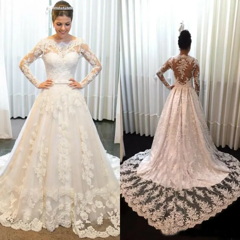 Nuovo 2019 Gogeous maniche lunghe in pizzo Appliques A Line Abiti da sposa Abito da sposa Celebrity vestido De Noiva robe de mariee