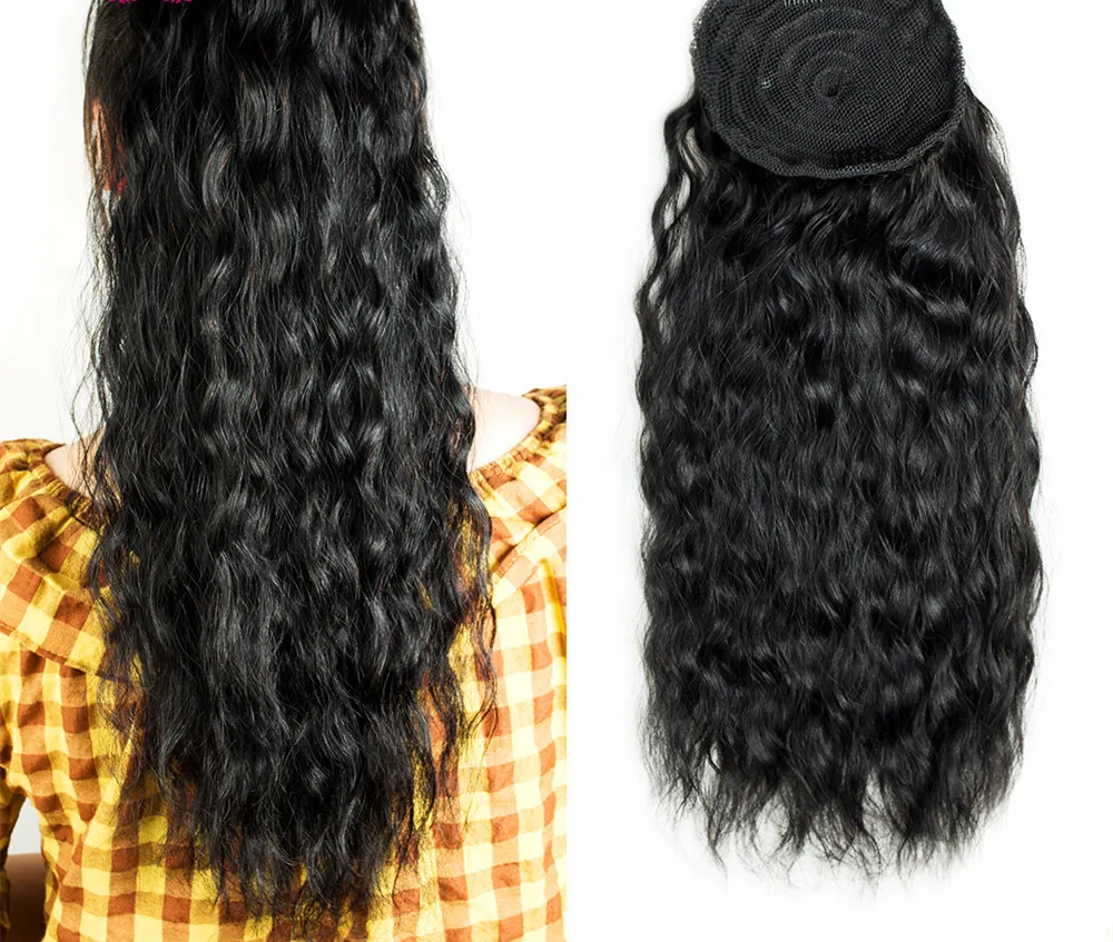 Mulheres rabo de cavalo extensões de cabelo molhado ondulado cabelo encaracolado rabo de cavalo peruca rabo de cavalo com cordão rabos de cavalo pedaços peruca preto 1b