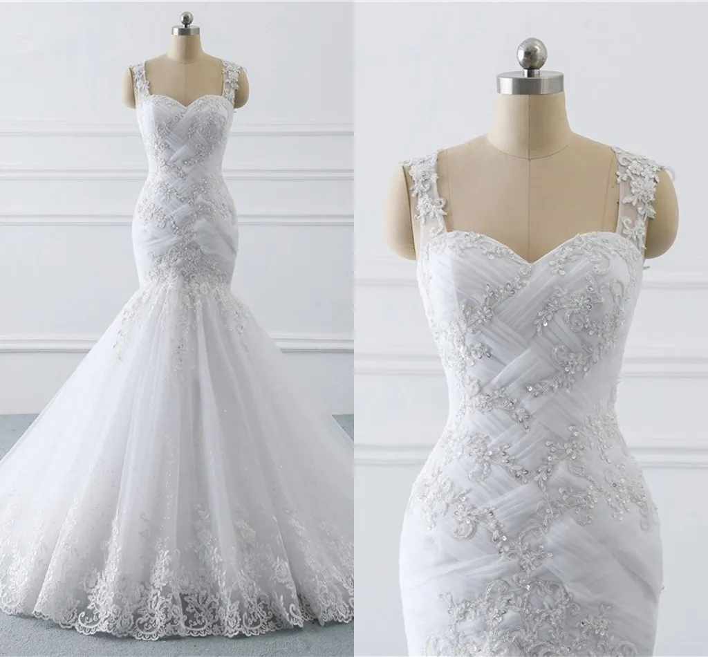 Pleated Spets Applique Pärled Crystal Mermaid Wedding Dresses Plus Size 2023 Spaghetti Straps See Även om spetsbröllopsklänningsmottagning