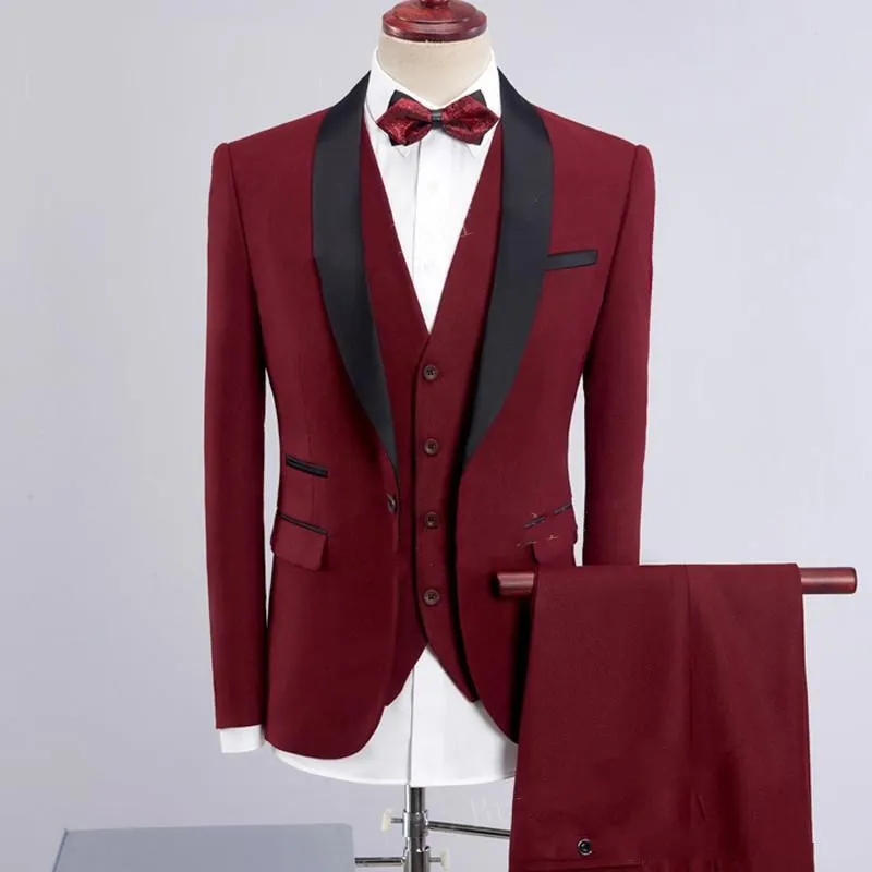 Nouveauté rouge foncé Slim Fit hommes smoking de mariage noir châle revers marié smoking 2019 Style hommes 3 pièces costume (veste + pantalon + cravate + gilet) 2101