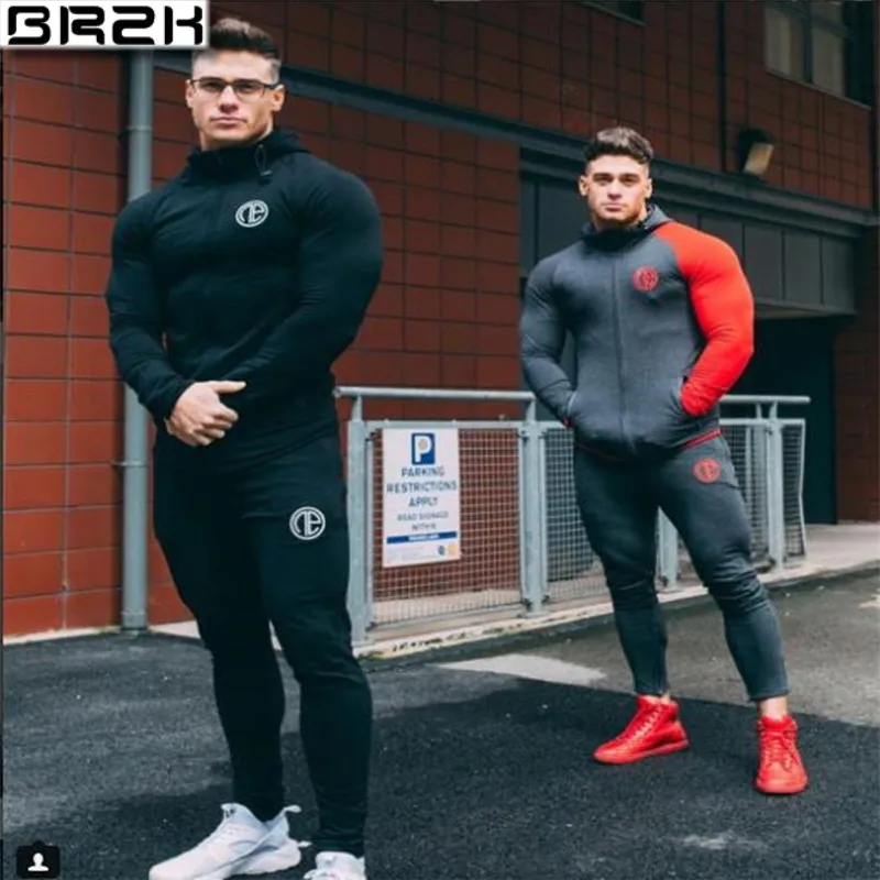 2019 Gyms Tracksuit Men Pants Sets Fashion Sweatshirt Sweat Suits Heren Kleding Casual Fitness Outwear Jogger Set