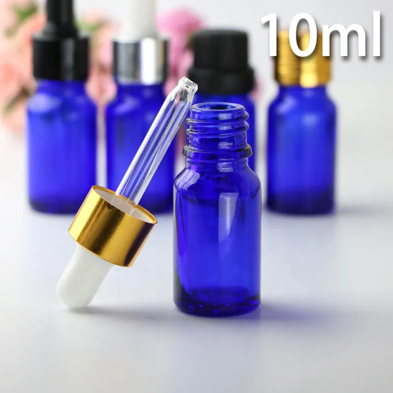 10ml Blue Glass Liquid Reagent Pipette Bottles With Eye Dropper Empty Oil Dropper Bottles With Black Gold Silver Caps