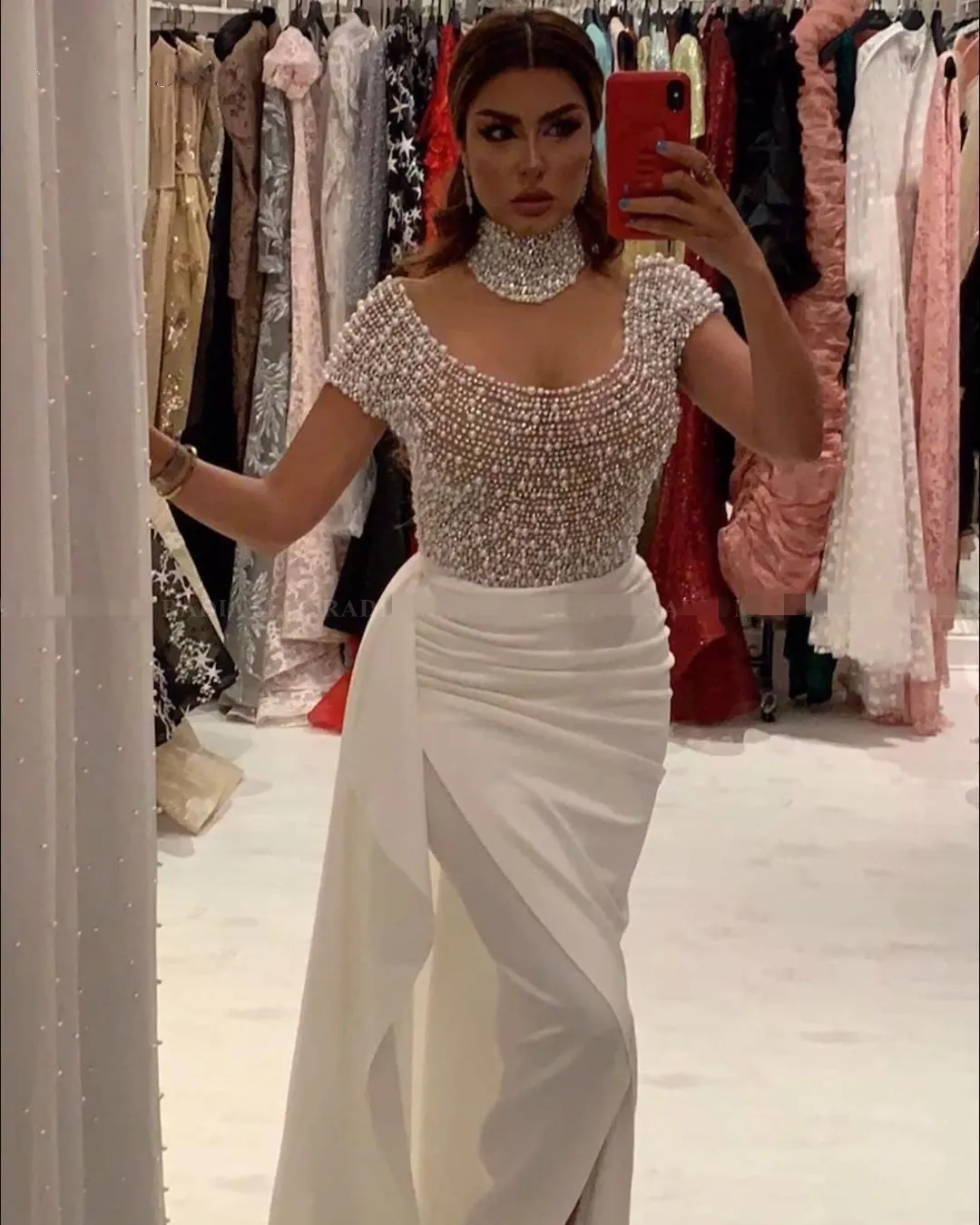 2020ホワイトマーメイドパールアラビアカフタンイブニングドレス半袖ハイネックドバイフォーマルガウンロングレディースウエディングドレスプラスサイズ