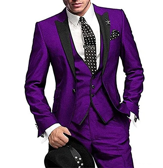 Moda Purple Groom Tuxedos Black Peak Lapel Groomsmen Mens Sukienka Ślubna Popularna Kurtka Mężczyzna Blazer 3 Piece Suit (Kurtka + Spodnie + Kamizelka + Krawat) 979