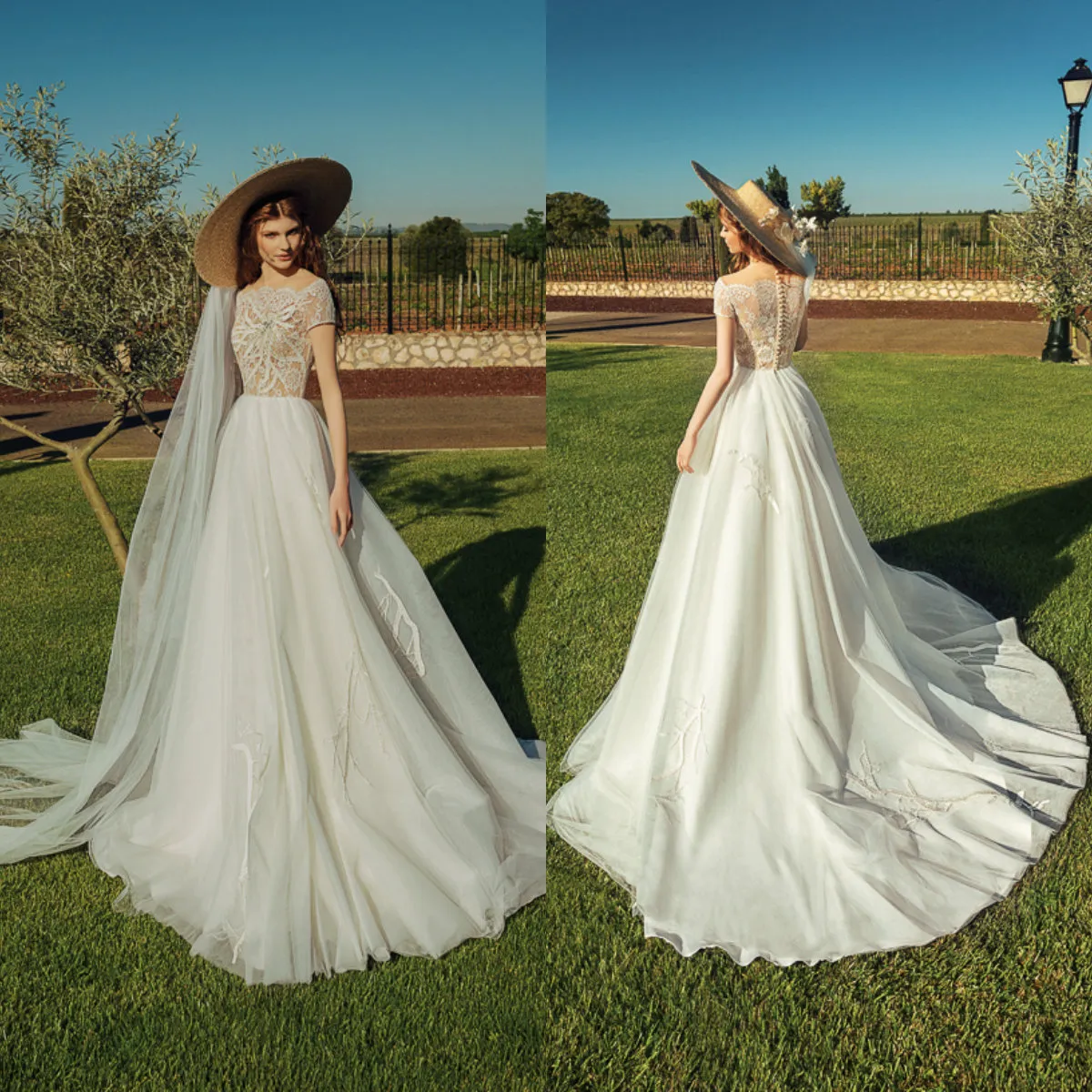 Boho Beach Wedding Dress A-Line Lace Appliques Tulle V-Neck Short Sleeve  Gown, Custom Made, Sweep Train, Hot Sale!