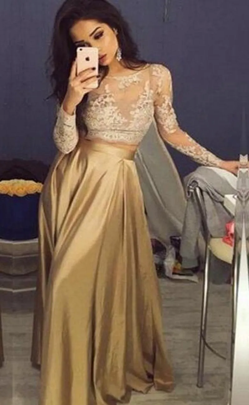 Beautiful Lace Long Sleeve Gold Two Piece Evening Dresses qatar 2024 Satin Cheap Prom Gowns Sheer Golden Mother Of The Bride Party Dresses HY213