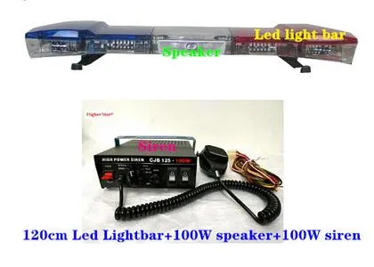 120cm 60W LED 자동차 비상 라이트 바, 스트로브 경고등 + 100W 스피커 + 경찰 구급차 소방차를위한 100W 사이렌 앰프, 방수