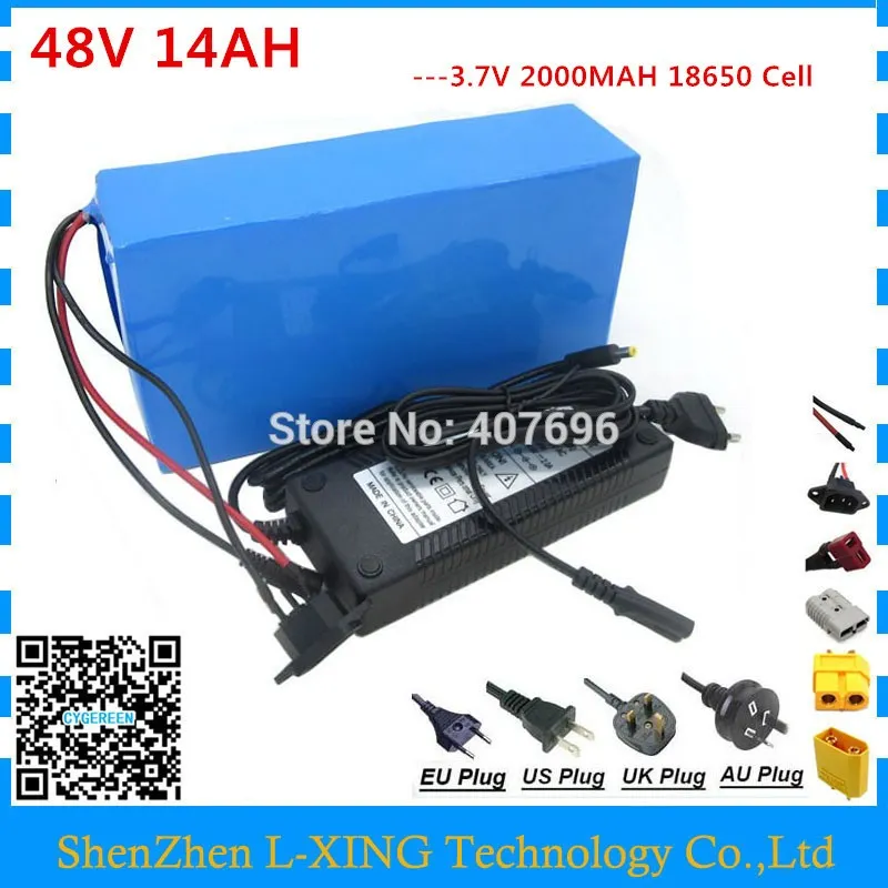 Rechargeable 500W 48V 14AH battery 750W 48V14AH ebike Lithium ion battery with 20A BMS 54.6V 2A Charger Free customs fee