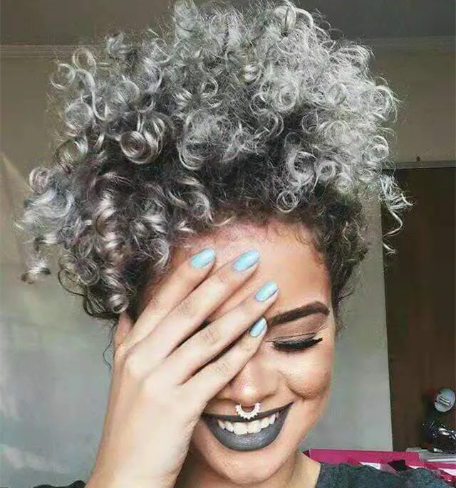 100 % 진짜 회색 머리 짧은 Afro 퍼프 포니 테일 아프리카 계 미국인 감싸기 검정 회색 인간의 포니 테일 Drawstring와 클립 (회색) 120g 140g