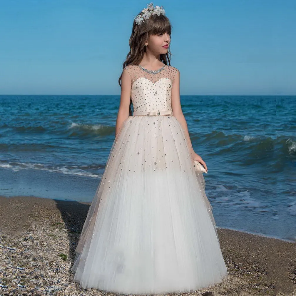 2020 Hot robes fille fleur pour les mariages A-ligne Sans manches en tulle perlé cristaux longues robes première communion Little Girl